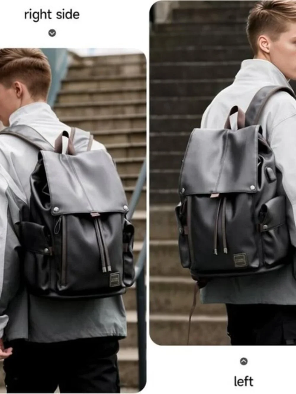 Men's Black Vintage PU Leather Laptop Backpack Water Resistant USB 15.6